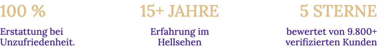 100 % Erstattung bei Unzufriedenheit. — 15+ JAHRE Erfahrung im Hellsehen — 5 STERNE bewertet von 9.800+ verifizierten Kunden