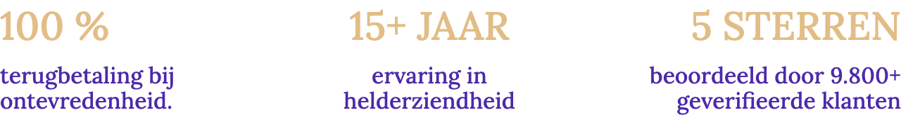 100 % terugbetaling bij ontevredenheid. — 15+ JAAR ervaring in helderziendheid — 5 STERREN beoordeeld door 9.800+ geverifieerde klanten