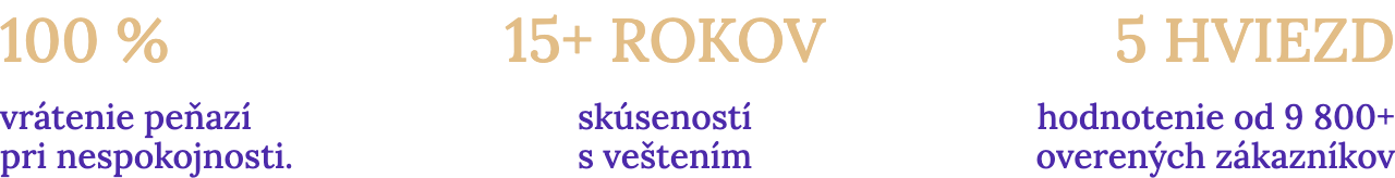 100 % vrátenie peňazí pri nespokojnosti. — 15+ ROKOV skúseností s veštením — 5 HVIEZD hodnotenie od 9 800+ overených zákazníkov