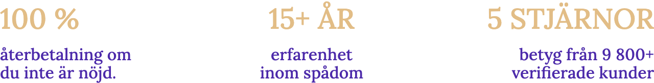 100 % återbetalning om du inte är nöjd. — 15+ ÅR erfarenhet inom spådom — 5 STJÄRNOR betyg från 9 800+ verifierade kunder