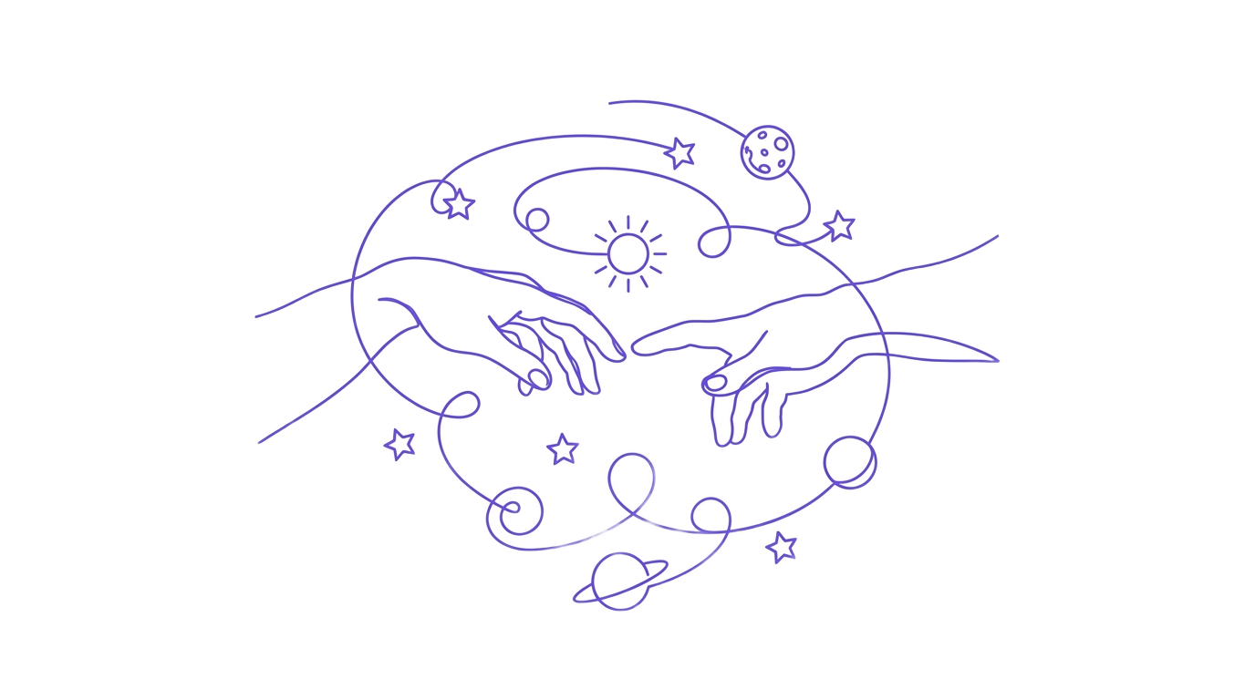 Two hands reaching toward each other through the stars — line art